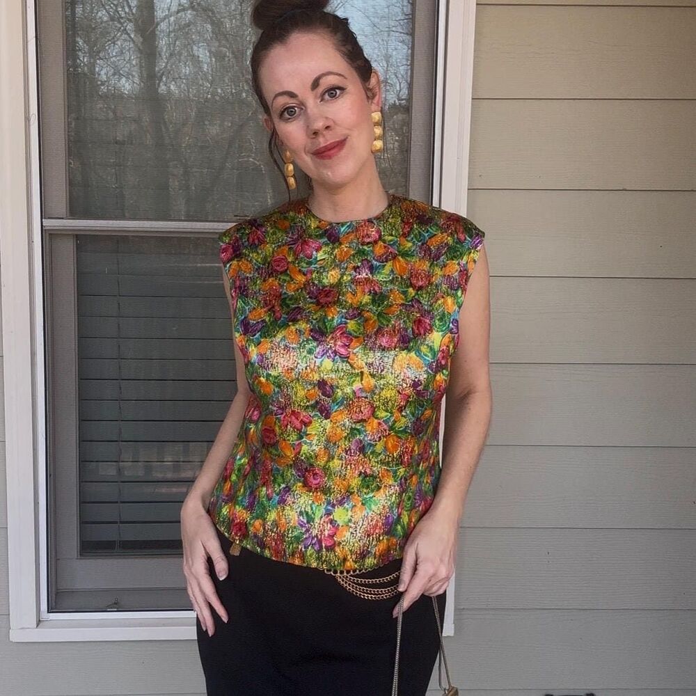 Vtg 60s Dorothy Bullitt Watercolor Floral Metallic Lurex Mod Party Top Size S
